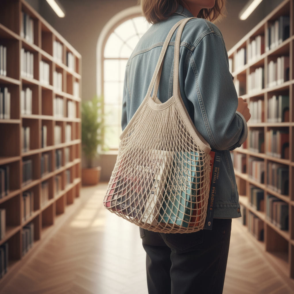 woman in book store carrying mesh simple bag with books