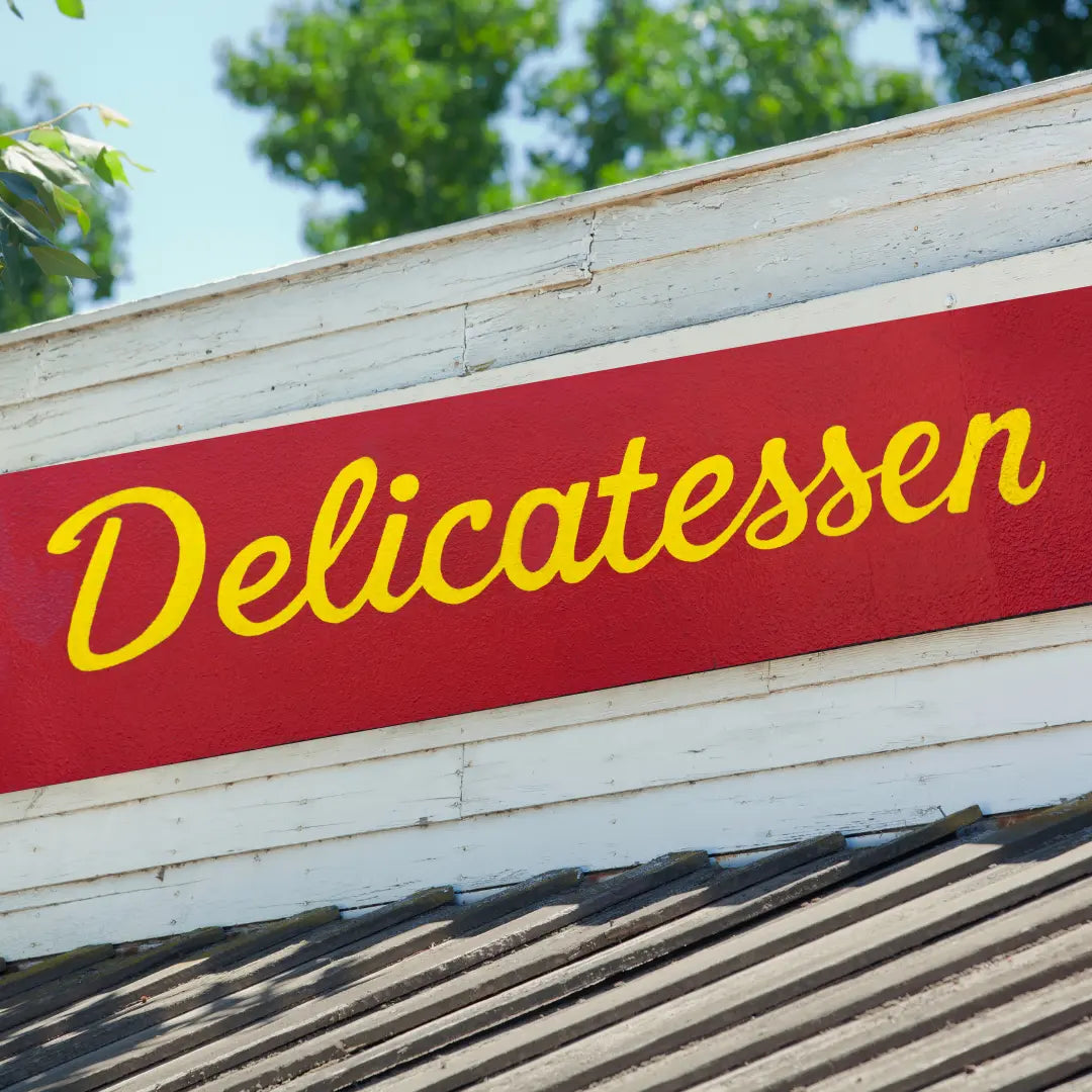 top of store showing Delicatessen sign