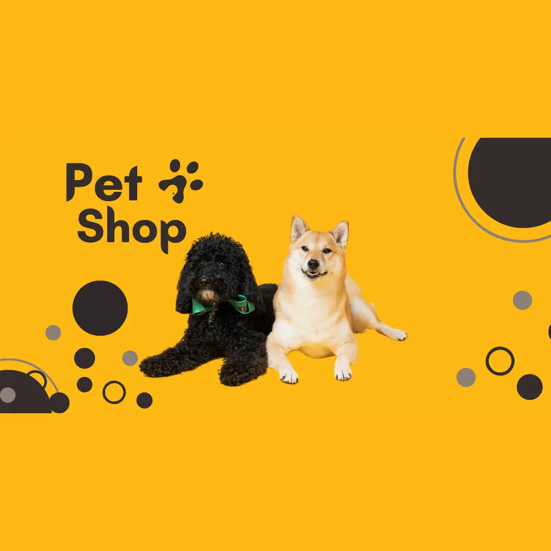 image of 2 dogs next to pet shop words