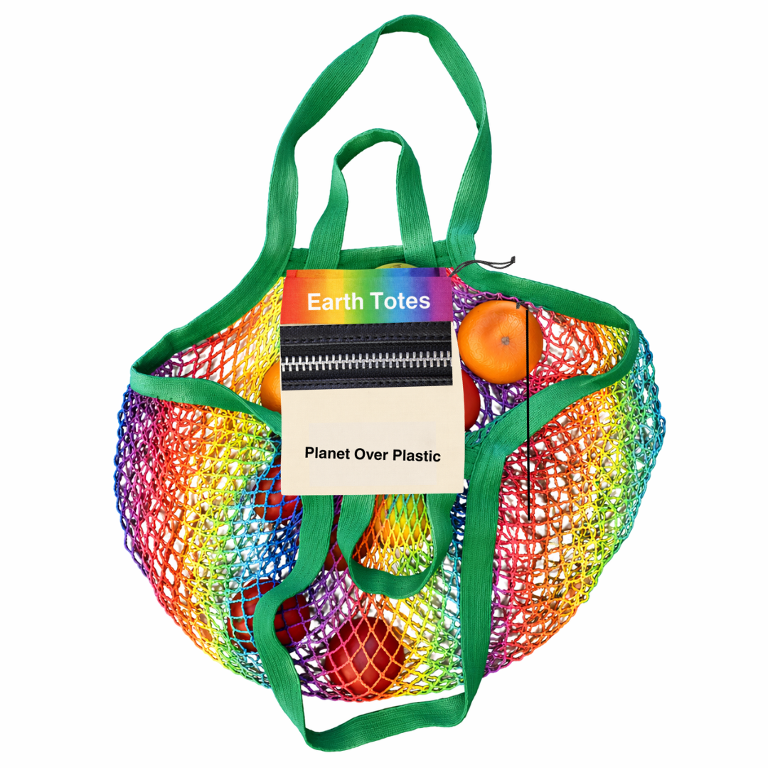 Earth Totes rainbow coloured mesh net bag with zippered pocket