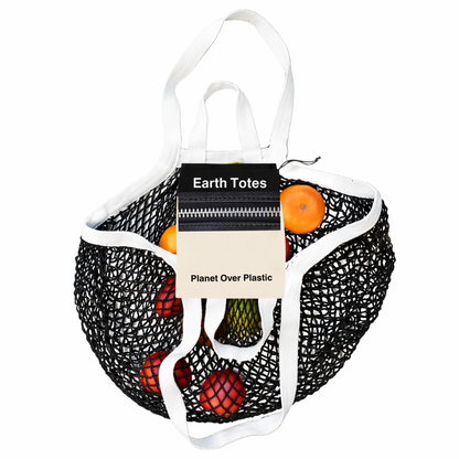 Earth Totes black mesh bag white double handles and zippered inner pocket