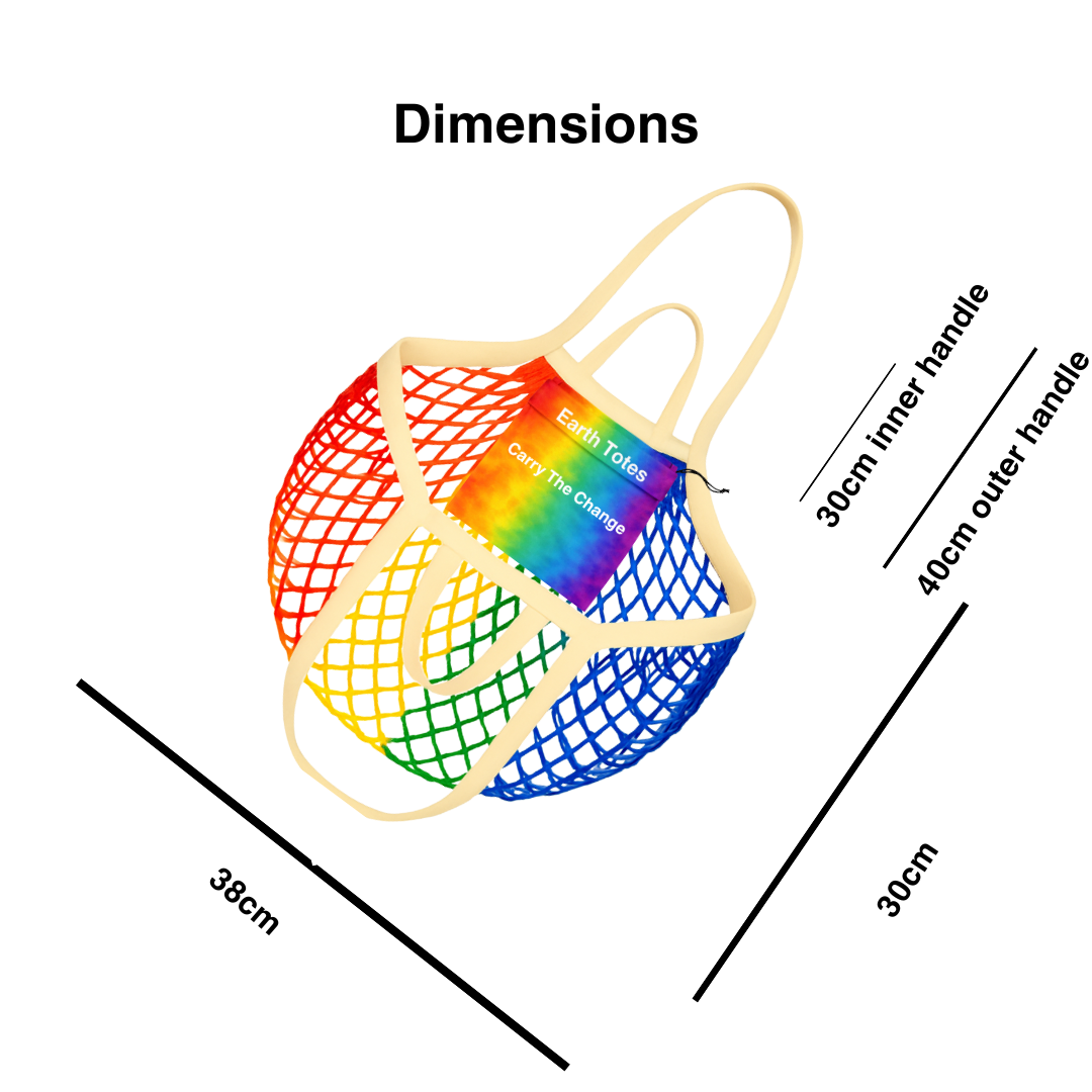 dimensions of Earth Totes rainbow coloured mesh bag