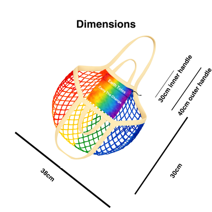 dimensions of Earth Totes rainbow coloured mesh bag